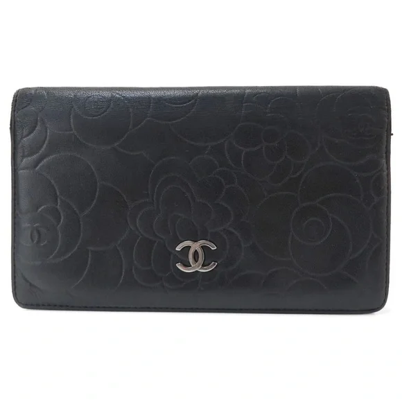 AUTH CHANEL Camellia Lambskin Long Wallet Black - Picture 2 of 11